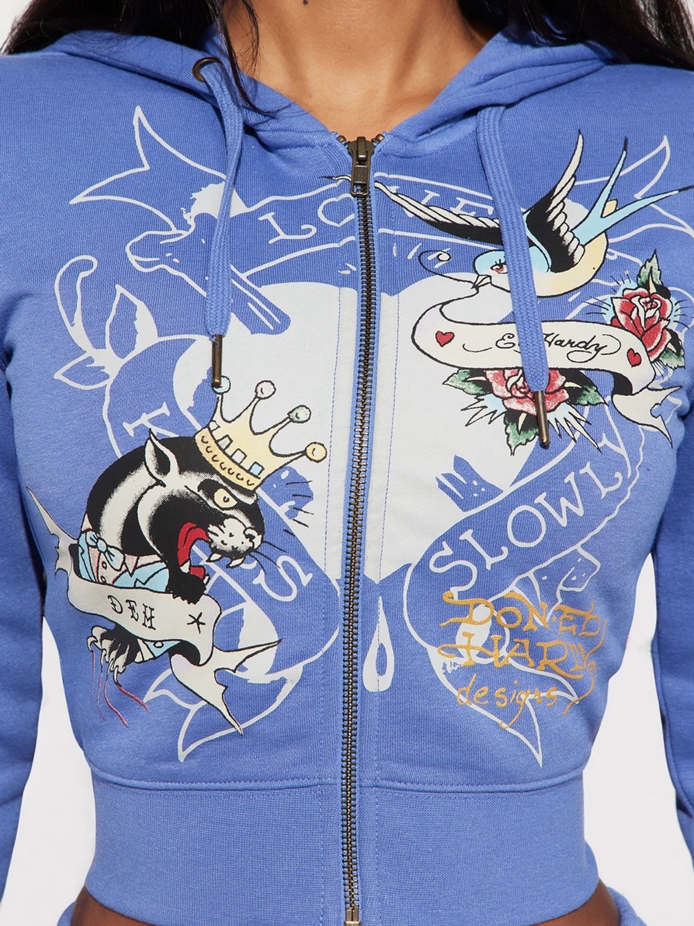 Ed Hardy Free Bird Zip Up Hoodie Set - Blue